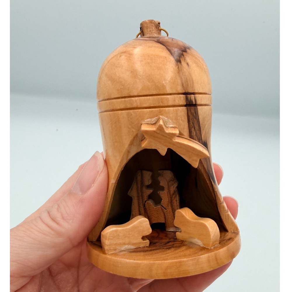 Hand Carved Olive Wood Nativity Scene Bell Ornament Rustic Christmas Decor